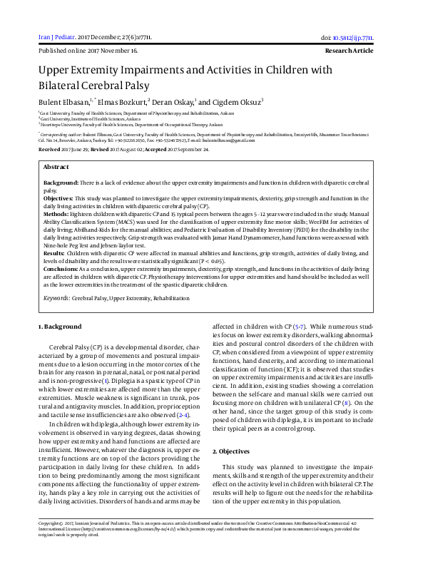 (PDF) Upper Extremity Impairments and Activities in Children with ...