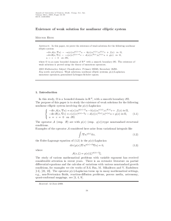 (PDF) Existence of weak solution for nonlinear elliptic system