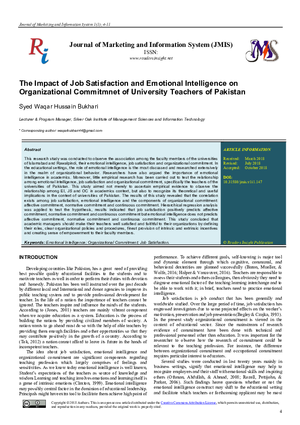 (PDF) The Impact of Job Satisfaction and Emotional Intelligence on ...