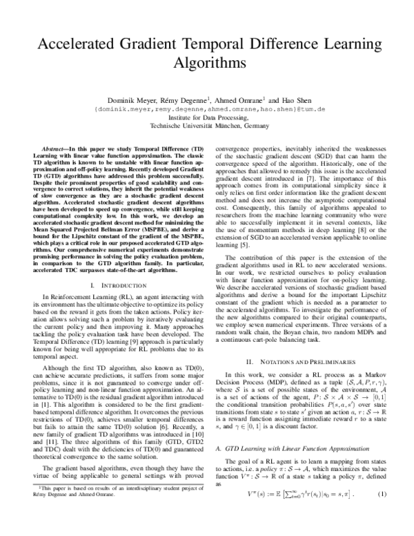 Pdf Accelerated Gradient Temporal Difference Learning Algorithms