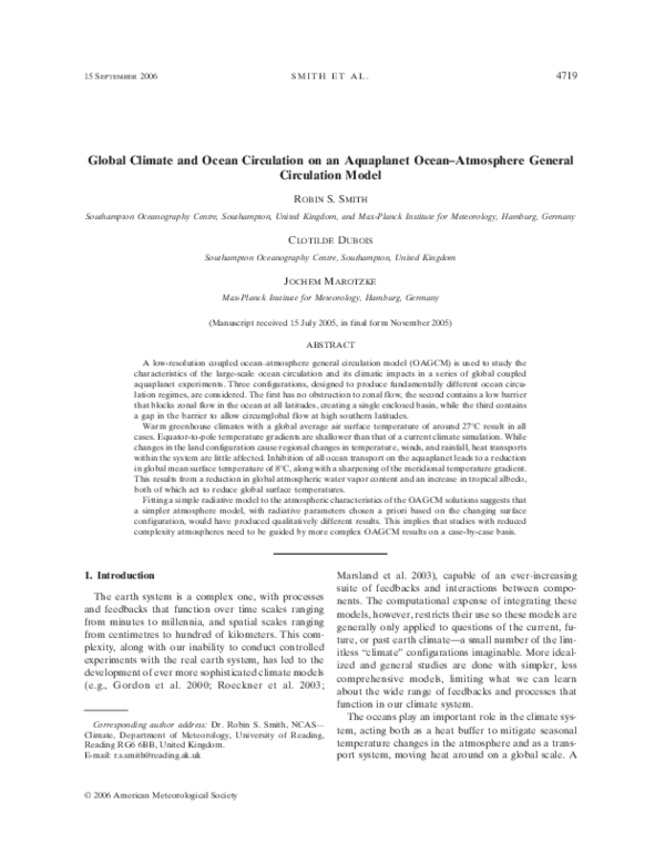 (PDF) Global climate and ocean circulation on an aquaplanet ocean ...