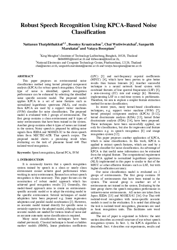 (PDF) Robust speech recognition using PCA-Based noise classification