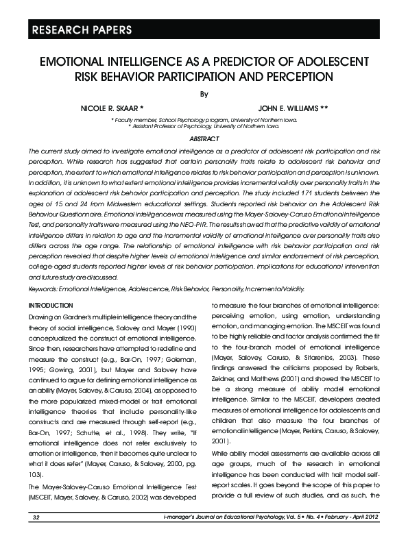 (PDF) Emotional Intelligence as a Predictor of Adolescent Risk Behavior ...