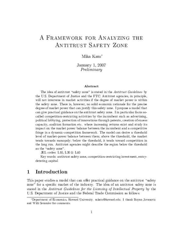 (PDF) A Framework for Analyzing the Antitrust Safety Zone Mika Kato