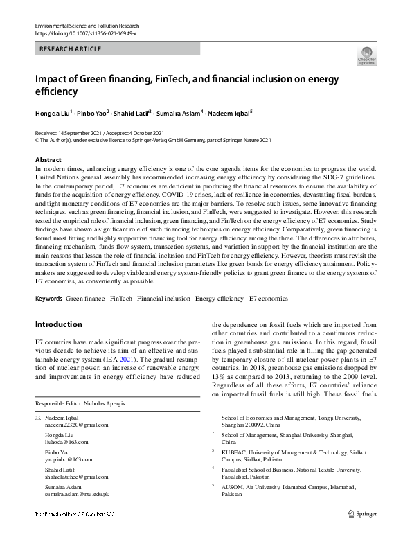 (PDF) Impact of Green financing, FinTech, and financial inclusion on ...