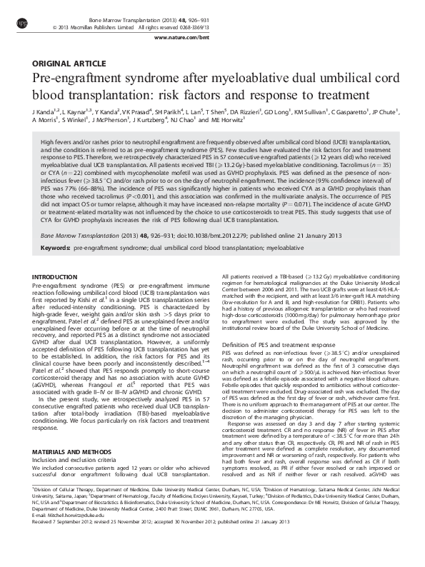 (PDF) Pre-engraftment syndrome after myeloablative dual umbilical cord ...