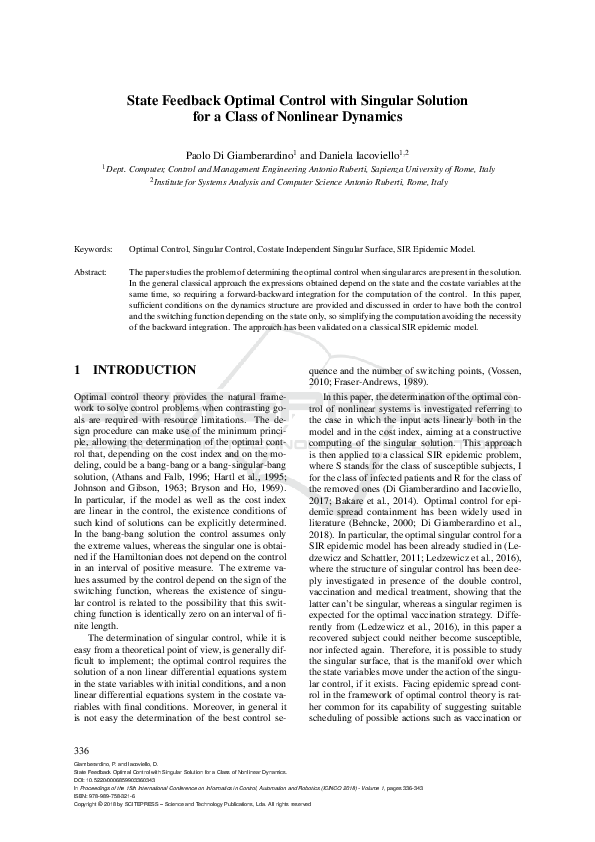 (PDF) State Feedback Optimal Control with Singular Solution for a Class ...