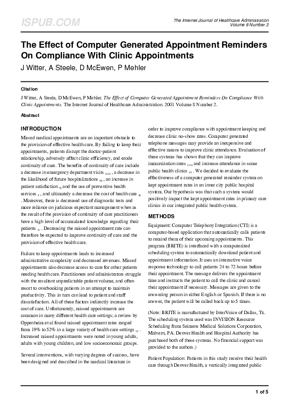 (PDF) The Effect of Computer Generated Appointment Reminders On ...