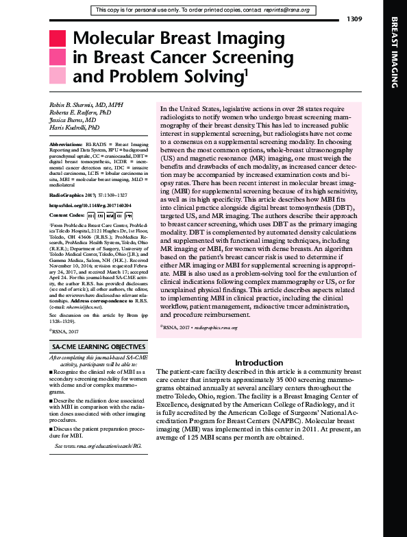 (PDF) Molecular Breast Imaging in Breast Cancer Screening and Problem ...