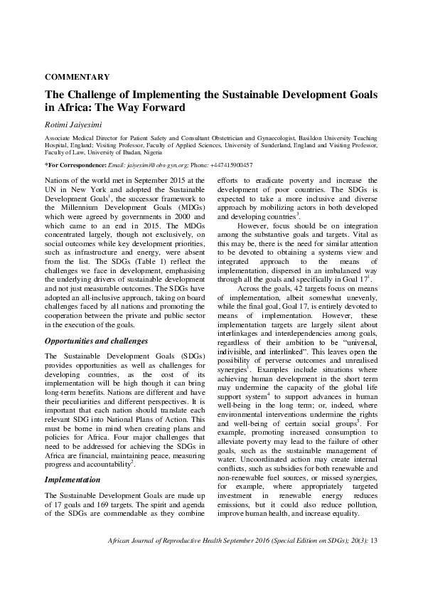 (PDF) The Challenge of Implementing the Sustainable Development Goals ...