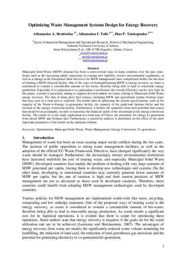 (PDF) Optimizing waste management system design for energy recovery