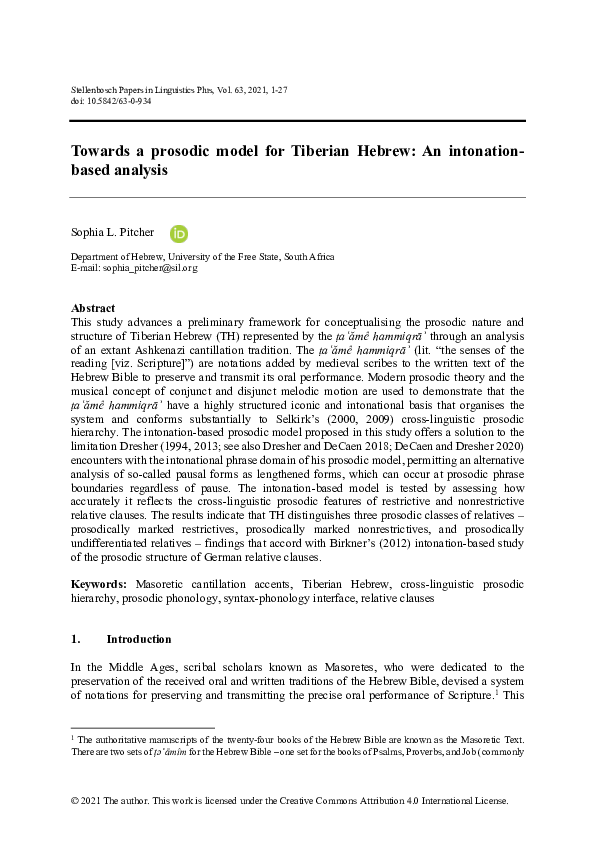 (PDF) Towards a prosodic model for Tiberian Hebrew: An intonation-based ...