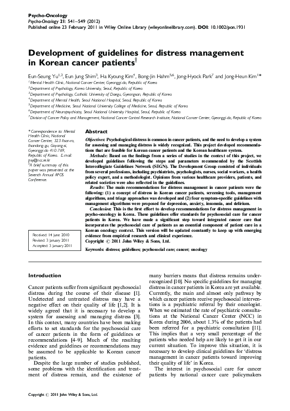 (PDF) Development of guidelines for distress management in Korean ...