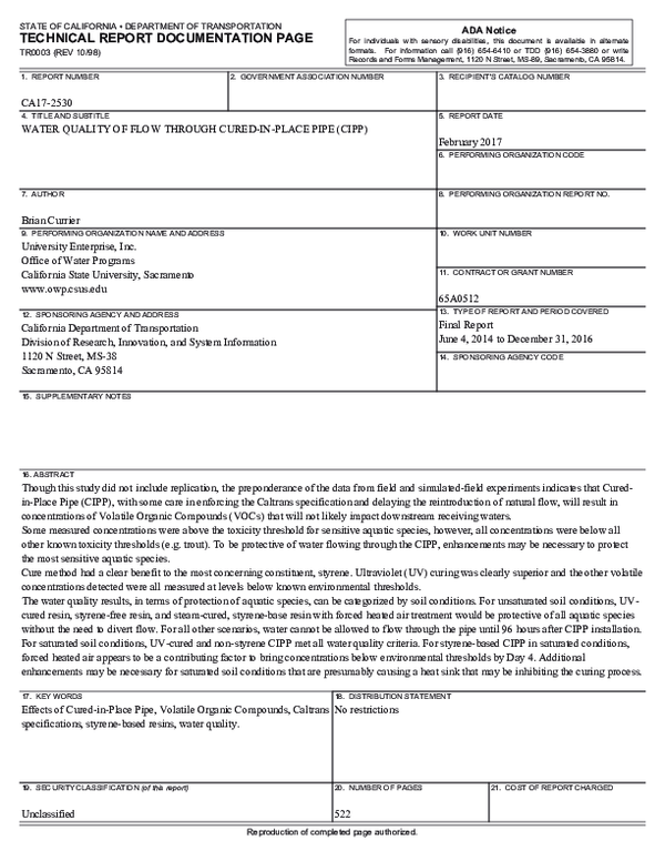 (PDF) Water Quality of Flow Through Cured-in-Place Pipe (CIPP)