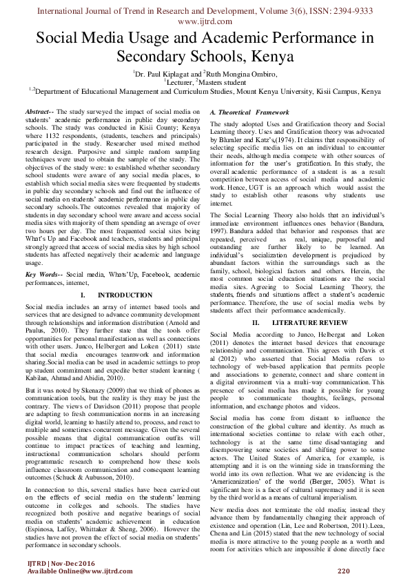(PDF) Social media usage and academic performance in secondary schools ...
