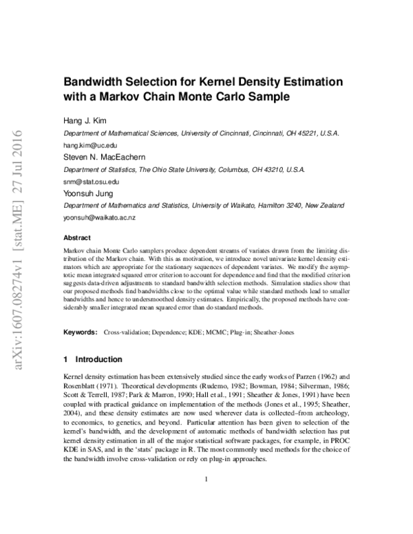 (PDF) Bandwidth Selection for Kernel Density Estimation with a Markov ...