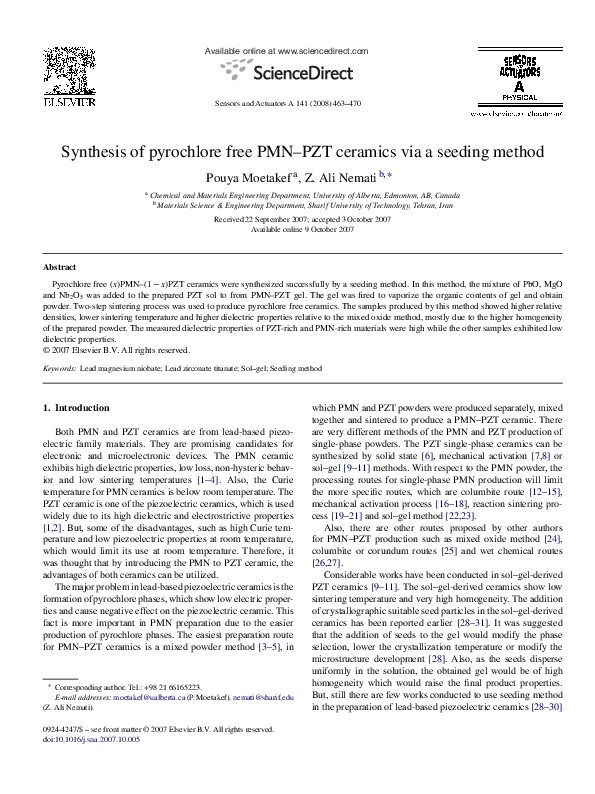 (PDF) Synthesis of pyrochlore free PMN–PZT ceramics via a seeding method