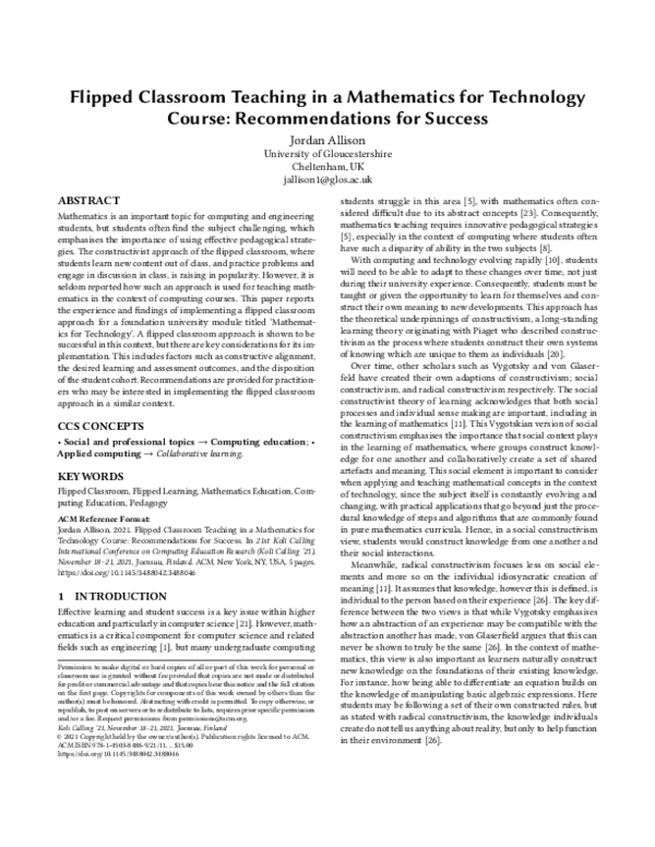(PDF) Flipped Classroom Teaching in a Mathematics for Technology Course ...
