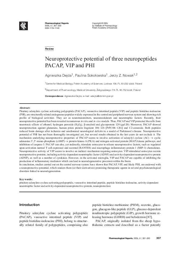 (PDF) Neuroprotective potential of three neuropeptides PACAP, VIP and PHI
