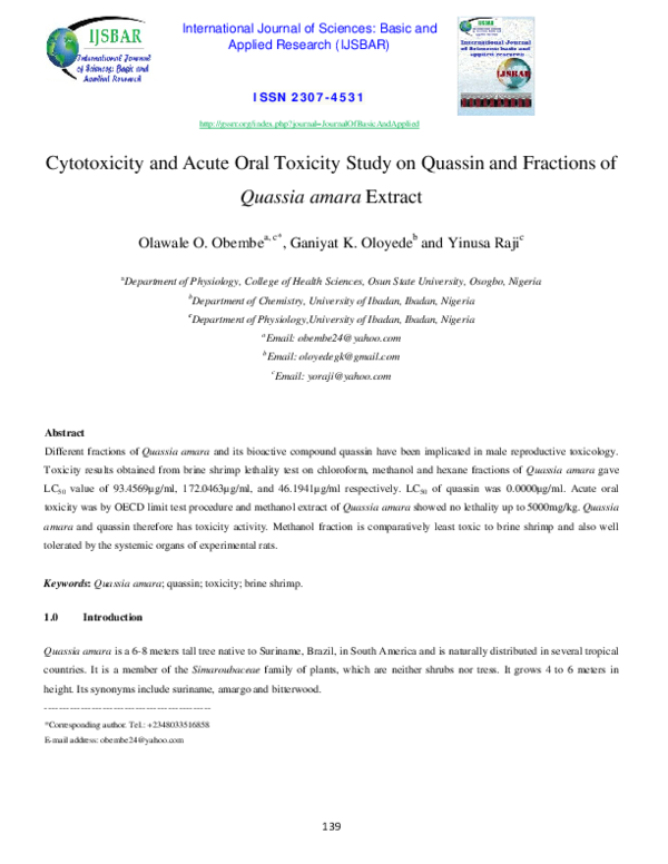 (PDF) Cytotoxicity and Acute Oral Toxicity Study on Quassin and ...