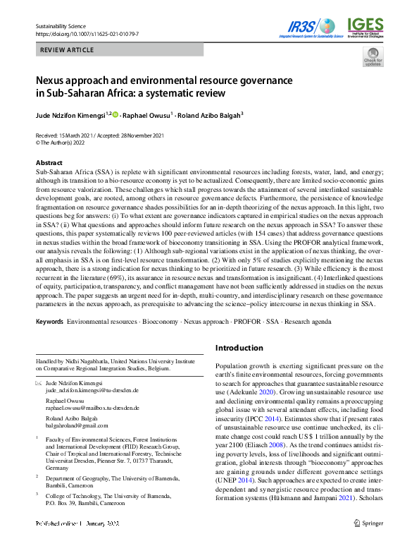 (PDF) Nexus approach and environmental resource governance in Sub ...