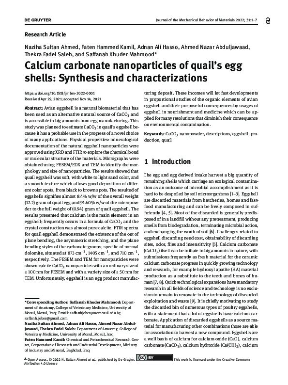 (PDF) Calcium carbonate nanoparticles of quail's egg shells: Synthesis ...