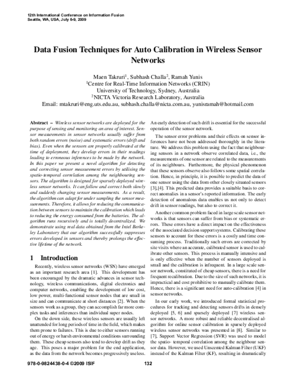 (PDF) Data fusion techniques for auto calibration in wireless sensor ...