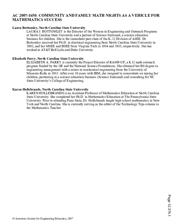 (PDF) Community And Family Math Nights As A Vehicle For Mathematics Success