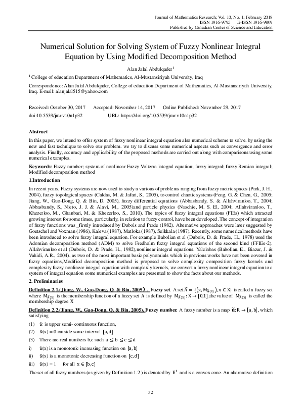 (PDF) Numerical Solution for Solving System of Fuzzy Nonlinear Integral ...