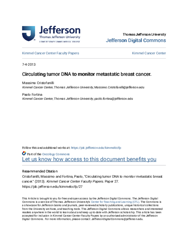 (PDF) Circulating Tumor DNA to Monitor Metastatic Breast Cancer