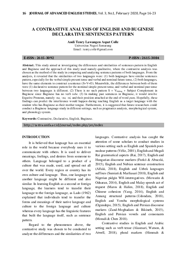 (PDF) A Contrastive Analysis of English and Buginese Declarative ...