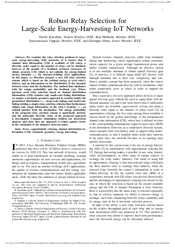 (PDF) Robust Relay Selection for Large-Scale Energy Harvesting IoT Networks