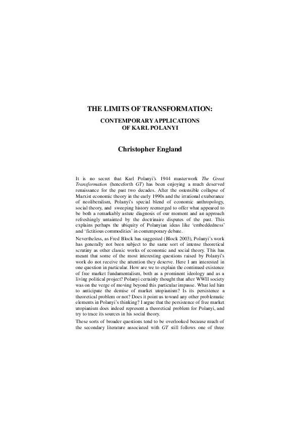 The Limits of Transformation: Contemporary Applications of Karl Polanyi