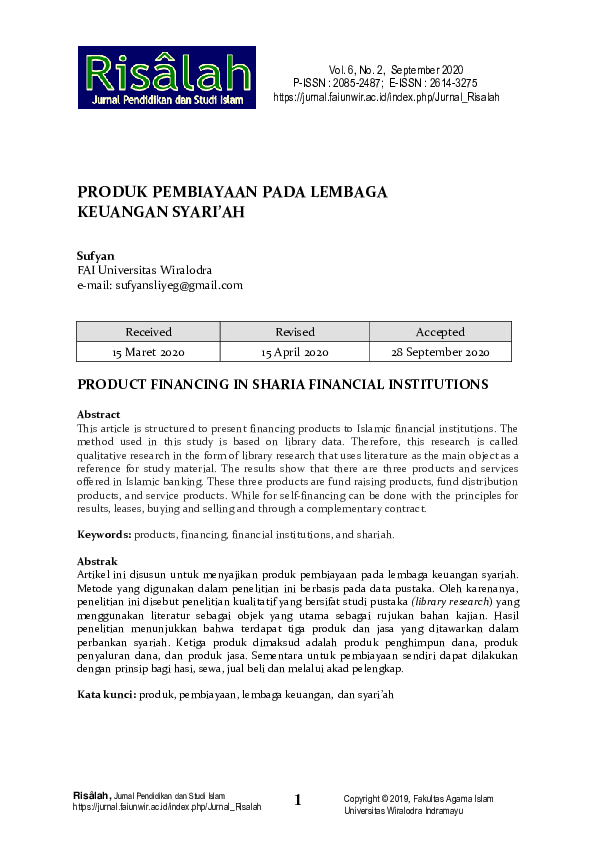 Pdf Produk Pembiayaan Pada Lembaga Keuangan Syari Ah