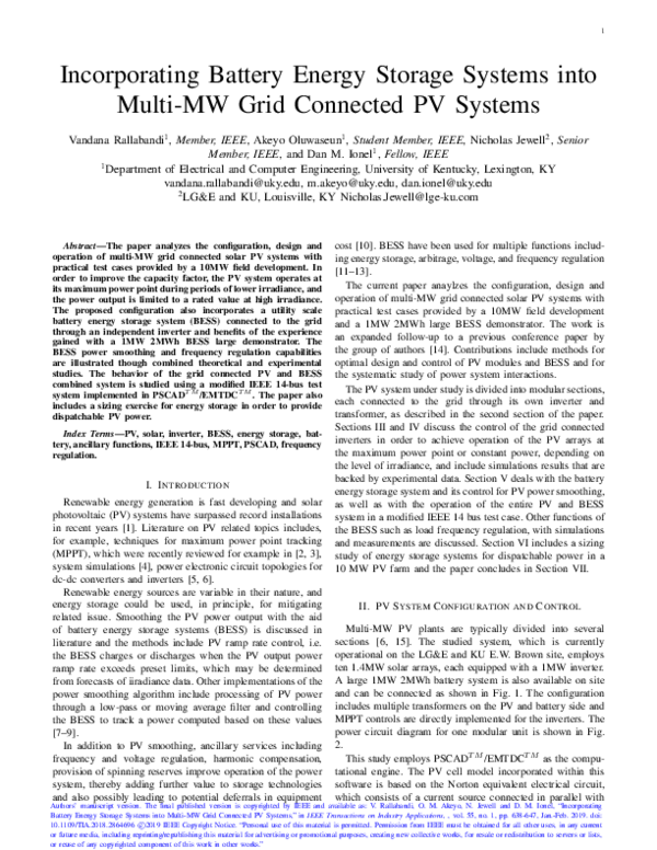 (PDF) Incorporating Battery Energy Storage Systems Into Multi-MW Grid ...
