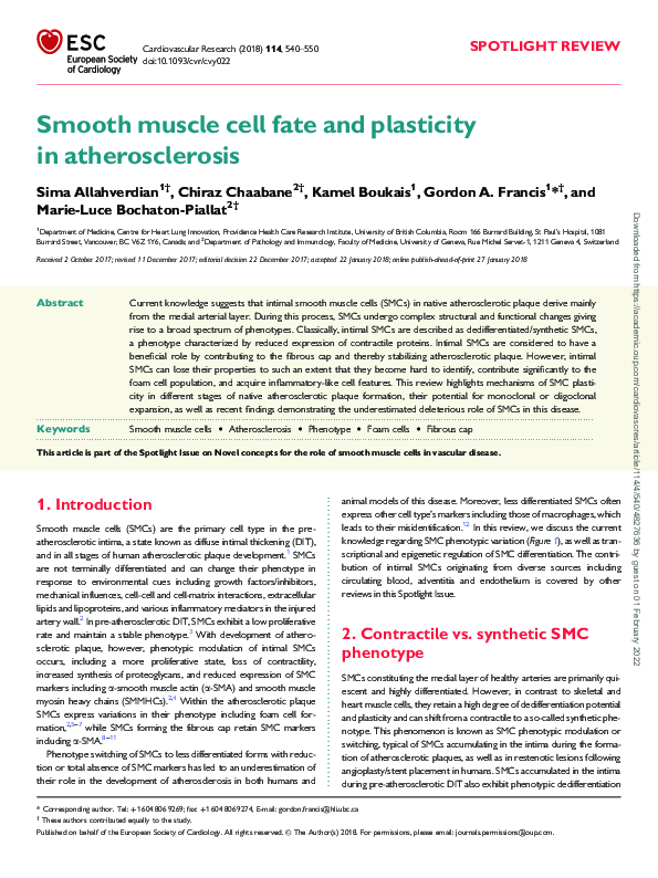 (PDF) Smooth muscle cell fate and plasticity in atherosclerosis