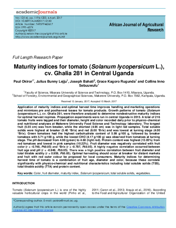 (PDF) Maturity indices for tomato (Solanum lycopersicum L.), cv. Ghalia