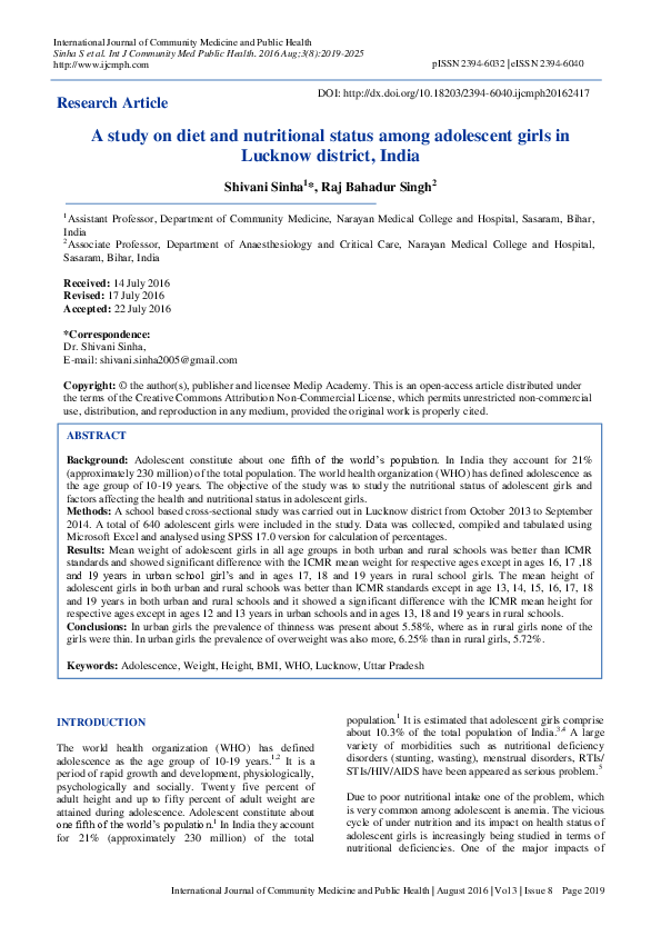 (PDF) A study on diet and nutritional status among adolescent girls in ...