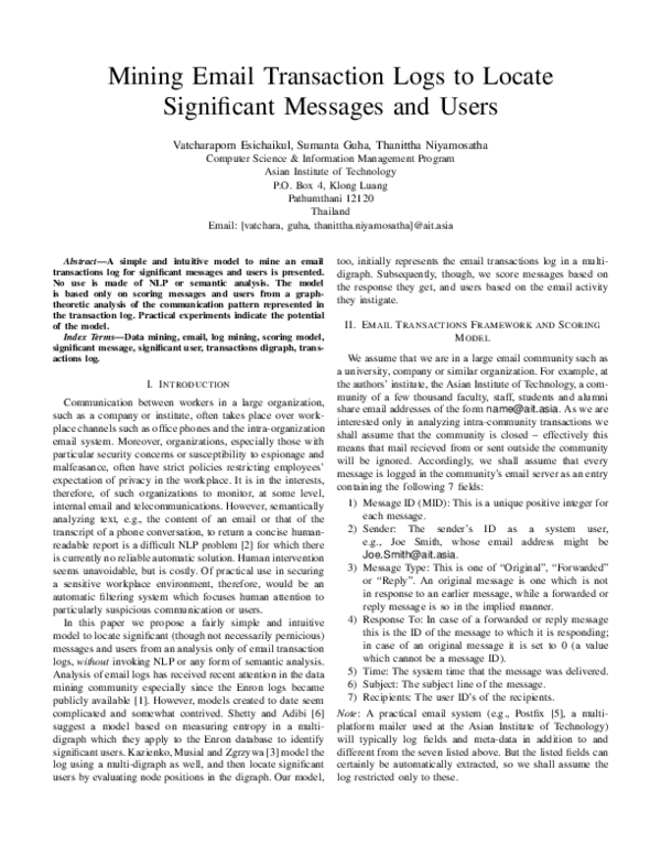 Mining Email Transaction Logs to Locate Significant Messages and Users