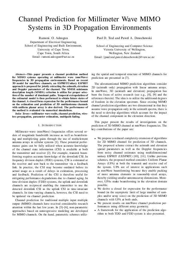 (PDF) Channel prediction for millimeter wave MIMO systems in 3D ...
