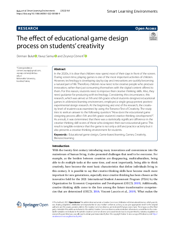 (PDF) The effect of educational game design process on students’ creativity