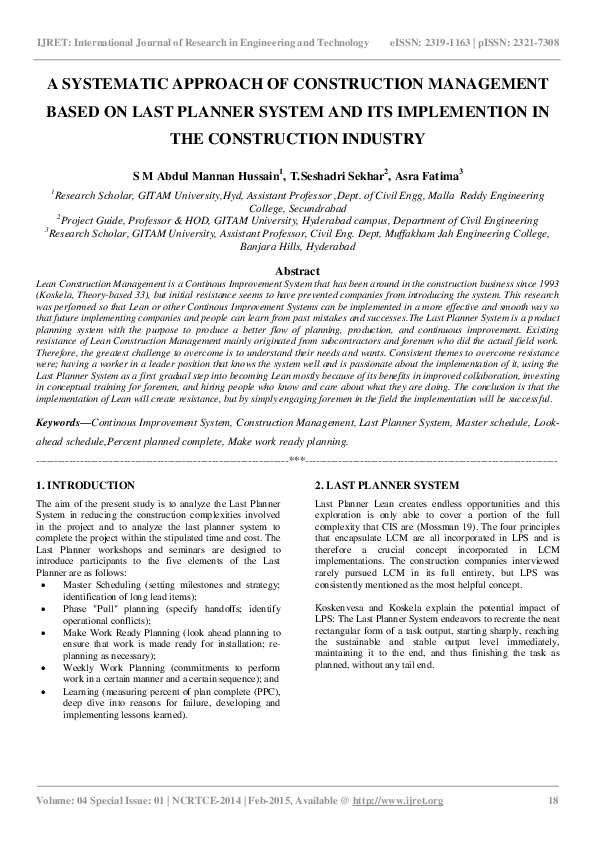 (PDF) A Systematic Approach of Construction Management Based on Last ...