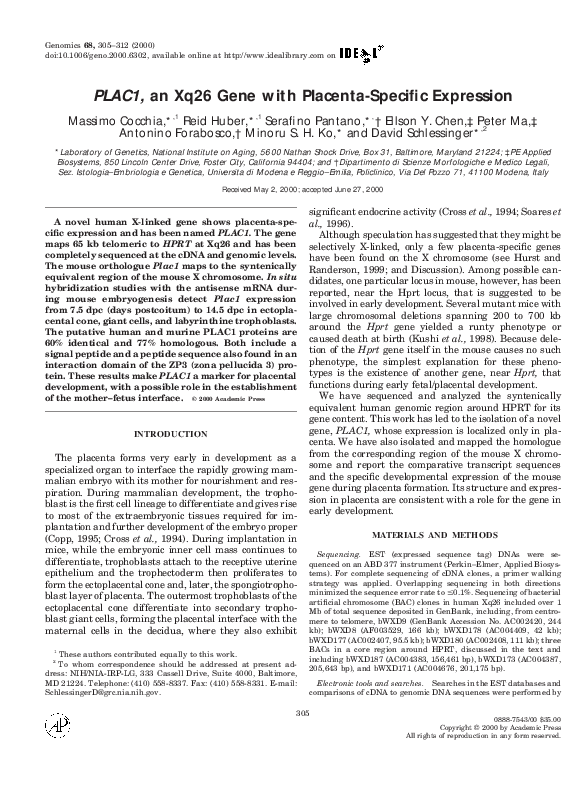 (PDF) PLAC1, an Xq26 gene with placenta-specific expression