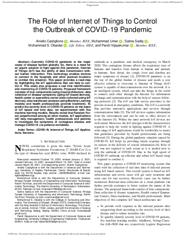 (PDF) The Role of Internet of Things to Control the Outbreak of COVID ...