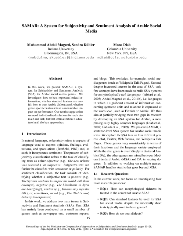 (PDF) SAMAR: A System for Subjectivity and Sentiment Analysis of Arabic ...