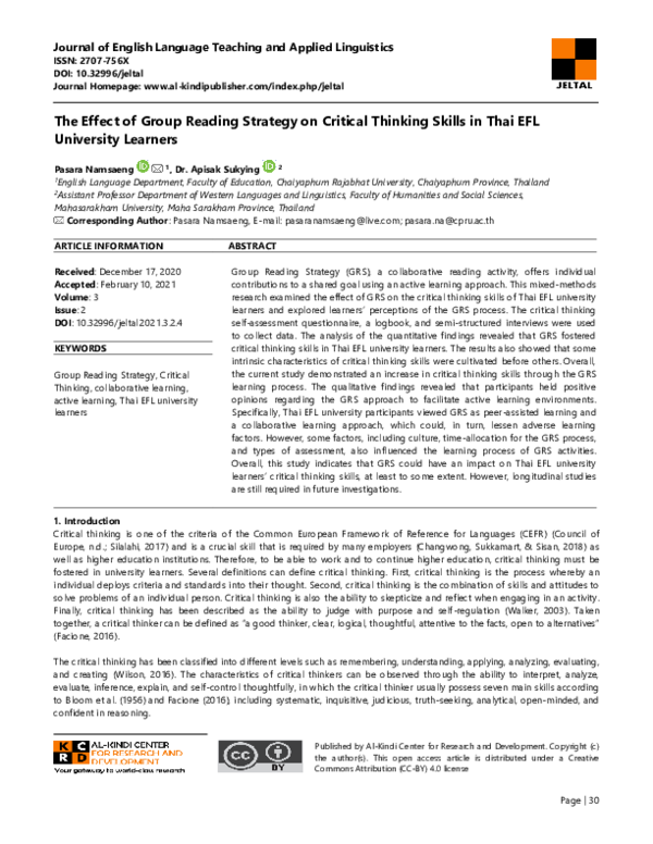 (PDF) The Effect of Group Reading Strategy on Critical Thinking Skills ...