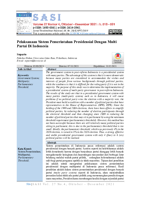 (PDF) Pelaksanaan Sistem Pemerintahan Presidensial Dengan Multi Partai ...