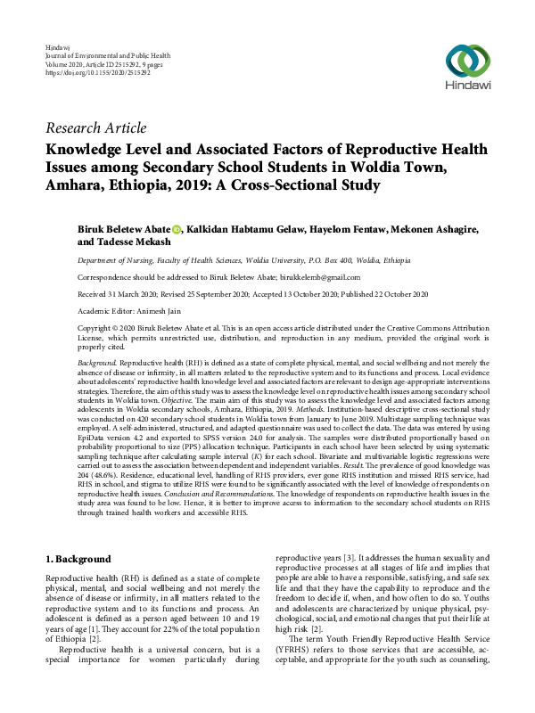 (PDF) Knowledge Level and Associated Factors of Reproductive Health ...