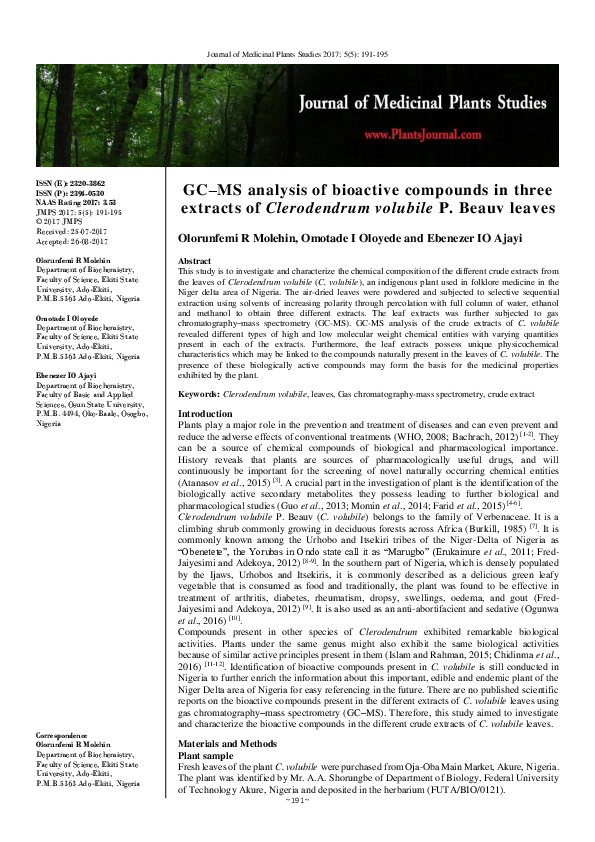 (PDF) GC–MS analysis of bioactive compounds in three extracts of ...