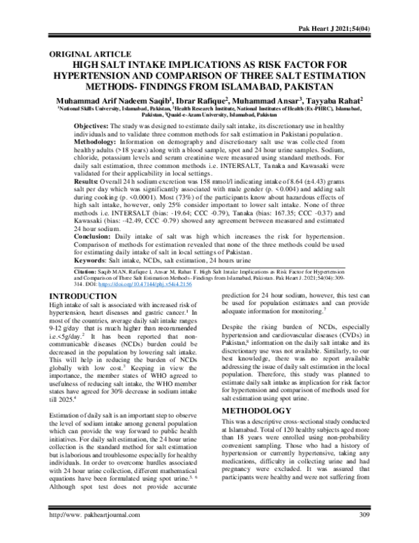 (PDF) High Salt Intake Implications as Risk Factor for Hypertension and ...